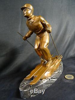 Sculpture Regulates Patina Bronze Art Deco Skier Signed L. Brunswick Descent