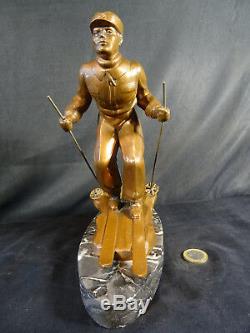 Sculpture Regulates Patina Bronze Art Deco Skier Signed L. Brunswick Descent