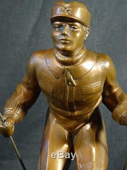 Sculpture Regulates Patina Bronze Art Deco Skier Signed L. Brunswick Descent