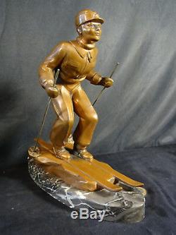 Sculpture Regulates Patina Bronze Art Deco Skier Signed L. Brunswick Descent