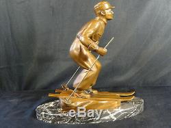 Sculpture Regulates Patina Bronze Art Deco Skier Signed L. Brunswick Descent