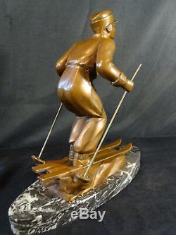 Sculpture Regulates Patina Bronze Art Deco Skier Signed L. Brunswick Descent