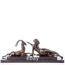 Sculpture Woman with Antelope in Bronze Art Deco Style After Aldo Vitaleh