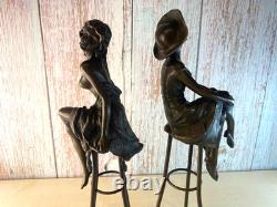 Sculpture of Two Women on a Stool in Bronze Art Deco Signed