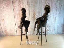 Sculpture of Two Women on a Stool in Bronze Art Deco Signed