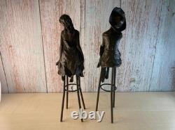 Sculpture of Two Women on a Stool in Bronze Art Deco Signed
