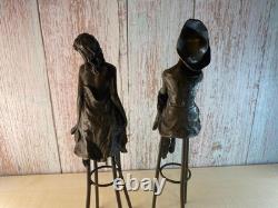 Sculpture of Two Women on a Stool in Bronze Art Deco Signed
