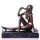 Sculpture Of A Nude Woman In Bronze Sitting On Black Marble Art Deco After Milo