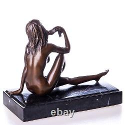 Sculpture of a Nude Woman in Bronze Sitting on Black Marble Art Deco after Milo