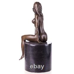 Sculpture of a Nude Woman in Bronze Sitting on a Black Marble Art Deco After Claude