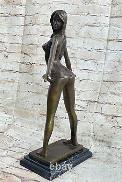 Signed Art Deco Bronze Female Chair Sculpture Statue on Marble Base