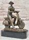 Signed Art Deco Bronze Statue Of Asian Man Riding Moped Motorbike Figurine