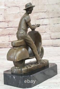 Signed Art Deco Bronze Statue of Asian Man Riding Moped Motorbike Figurine