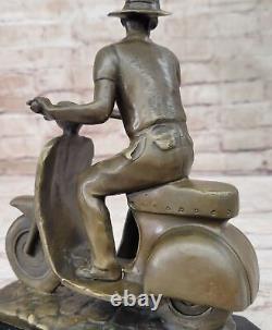 Signed Art Deco Bronze Statue of Asian Man Riding Moped Motorbike Figurine