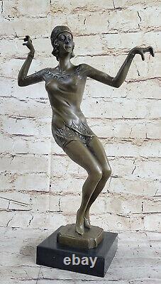 Signed Art Deco Dancer Dancer Bronze Sculpture Marble Base Statue Figurine