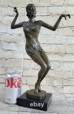 Signed Art Deco Dancer Dancer Bronze Sculpture Marble Base Statue Figurine