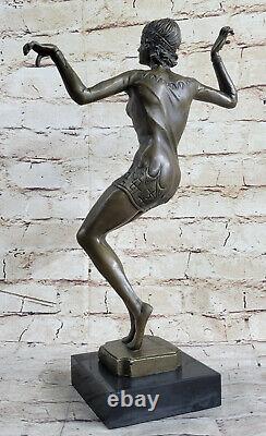 Signed Art Deco Dancer Dancer Bronze Sculpture Marble Base Statue Figurine