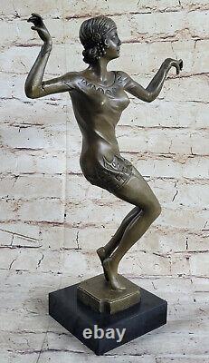 Signed Art Deco Dancer Dancer Bronze Sculpture Marble Base Statue Figurine