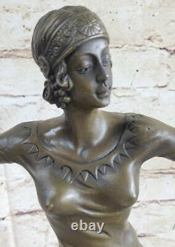 Signed Art Deco Dancer Dancer Bronze Sculpture Marble Base Statue Figurine