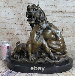 Signed Barye African Lion With / Family Bronze Sculpture Art Deco Marble Nr.