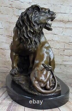 Signed Barye African Lion With / Family Bronze Sculpture Art Deco Marble Nr.