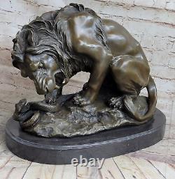 Signed Barye Very Large Lion Serpent Bronze Art Deco Statue Cast Figurine