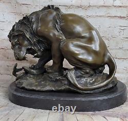 Signed Barye Very Large Lion Serpent Bronze Art Deco Statue Cast Figurine