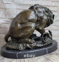 Signed Barye Very Large Lion Serpent Bronze Art Deco Statue Cast Figurine