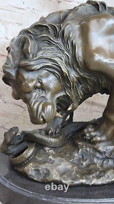 Signed Barye Very Large Lion Serpent Bronze Art Deco Statue Cast Figurine