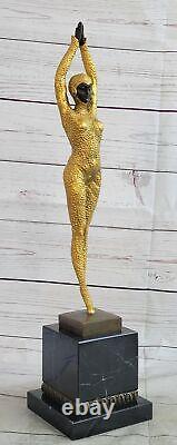 Signed Bronze Sculpture Rare Art Deco Chiparus Statue on Marble Base with Gold Patina