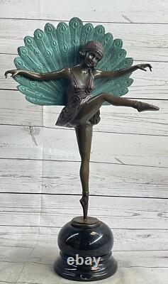 Signed M. Pellier, Art Deco Bronze Statue Peacock Dancer Lost Wax Method