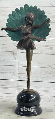 Signed M. Pellier, Art Deco Bronze Statue Peacock Dancer Lost Wax Method