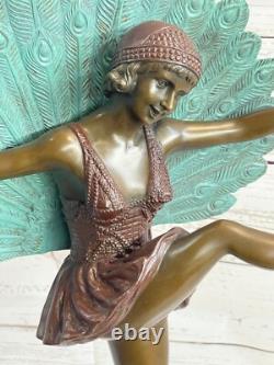 Signed M. Pellier, Art Deco Bronze Statue Peacock Dancer Lost Wax Method