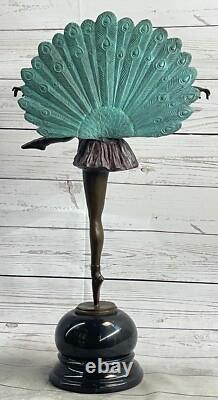 Signed M. Pellier, Art Deco Bronze Statue Peacock Dancer Lost Wax Method