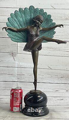 Signed M. Pellier Bronze Art Deco Peacock Dancer Figurine in Opening