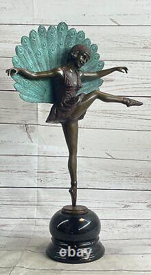 Signed M. Pellier Bronze Art Deco Peacock Dancer Figurine in Opening