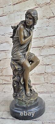 Signed Moreau, Bronze Statue Female Chair Angel Art Deco Marble Figurine Large