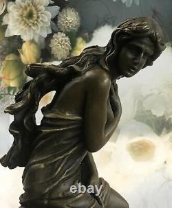 Signed Moreau, Large Art Deco Female Bronze Statue Marble Figurine