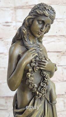 Signed Open Girl Flower Bronze Sculpture Art Deco Marble Base Figure Gift