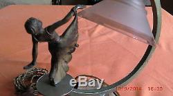 Small Lamp Sculpture Woman Bronze Silver Art Deco / Base Marble / Lamp