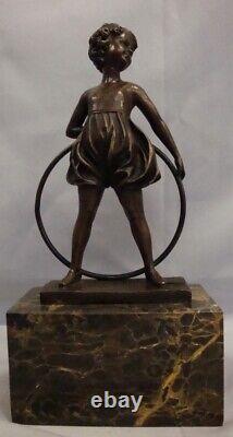 Solid Bronze Art Deco Style Art Nouveau Girl Sculpture with Hoop