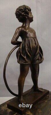 Solid Bronze Art Deco Style Art Nouveau Girl Sculpture with Hoop