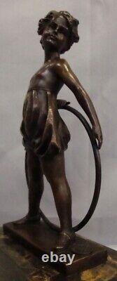 Solid Bronze Art Deco Style Art Nouveau Sculpture of a Girl with Hoop