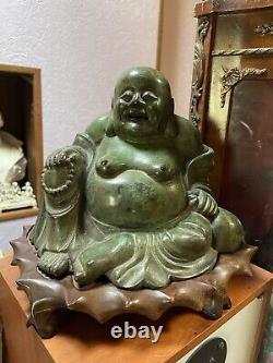 Statue Buddha Bronze Green Patina China On Wooden Base Period Art Deco