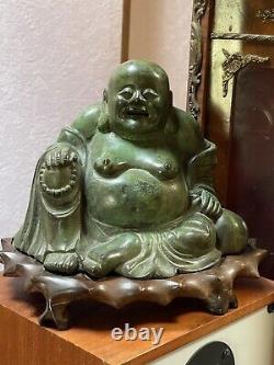 Statue Buddha Bronze Green Patina China On Wooden Base Period Art Deco