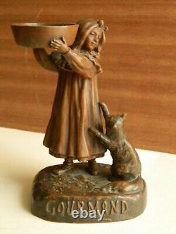 Statue Girl With Regular Cat Signed Ouvet Art Deco 1920 Bronze Patina