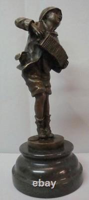 Statue Sculpture Boy with Accordion, Art Deco Style, Art Nouveau Style, Solid Bronze
