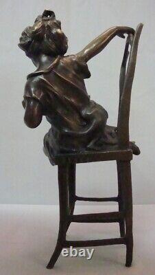 Statue Sculpture Girl Chair Art Deco Art Nouveau Style Massive Bronze