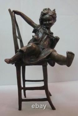 Statue Sculpture Girl Sitting in a Chair, Art Deco Style, Art Nouveau Style, Solid Bronze