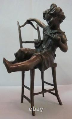 Statue Sculpture Girl Sitting in a Chair, Art Deco Style, Art Nouveau Style, Solid Bronze